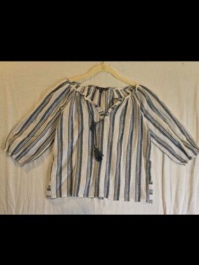 Unique Spectrum Striped Boho Peasant Top Blue White Sz S Made in India